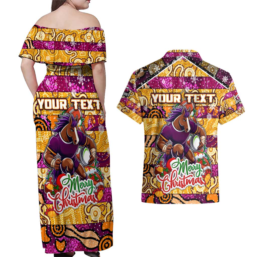 Custom Broncos Rugby Merry Christmas Couples Matching Off Shoulder Maxi Dress and Hawaiian Shirt Indigenous Australian Art