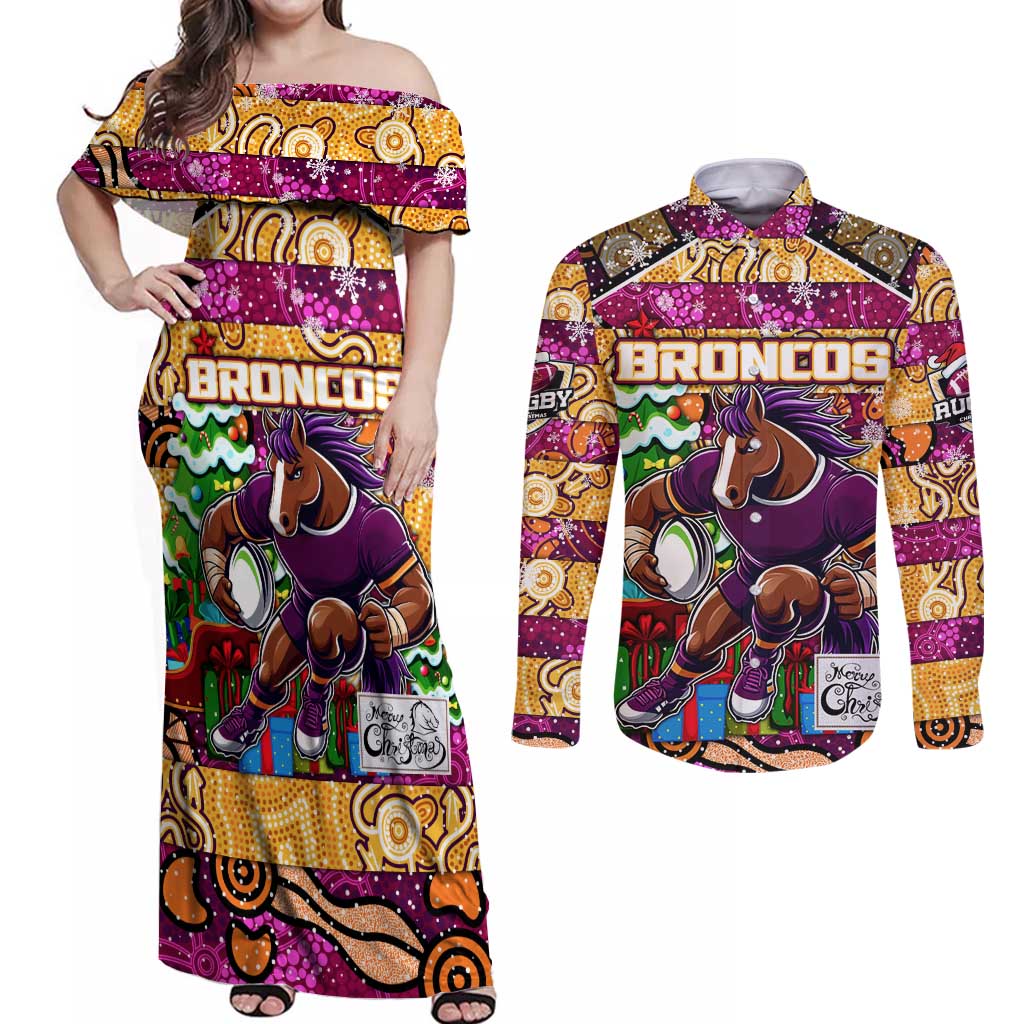 Custom Broncos Rugby Merry Christmas Couples Matching Off Shoulder Maxi Dress and Long Sleeve Button Shirt Indigenous Australian Art