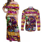 Custom Broncos Rugby Merry Christmas Couples Matching Off Shoulder Maxi Dress and Long Sleeve Button Shirt Indigenous Australian Art