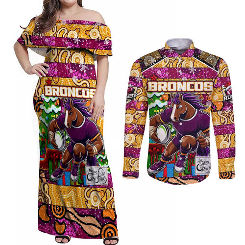 Custom Broncos Rugby Merry Christmas Couples Matching Off Shoulder Maxi Dress and Long Sleeve Button Shirt Indigenous Australian Art
