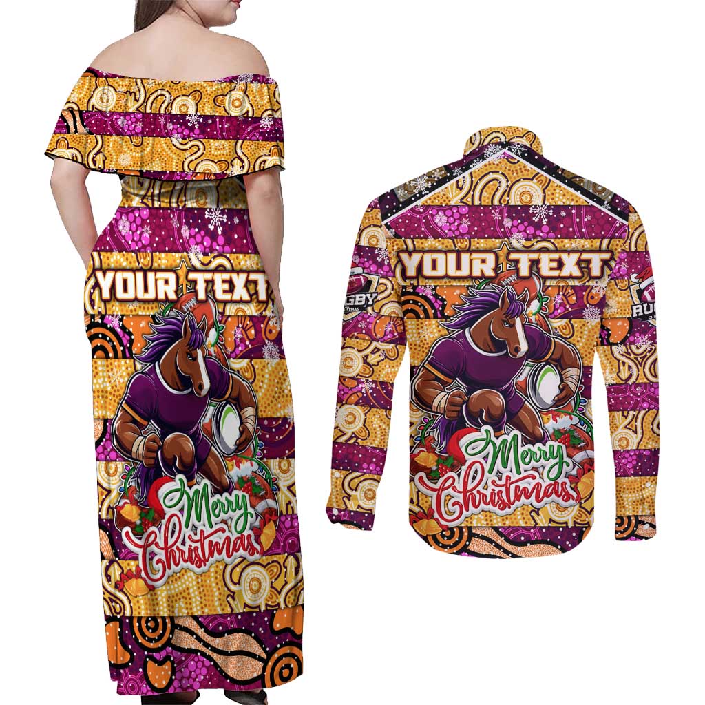 Custom Broncos Rugby Merry Christmas Couples Matching Off Shoulder Maxi Dress and Long Sleeve Button Shirt Indigenous Australian Art