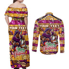 Custom Broncos Rugby Merry Christmas Couples Matching Off Shoulder Maxi Dress and Long Sleeve Button Shirt Indigenous Australian Art