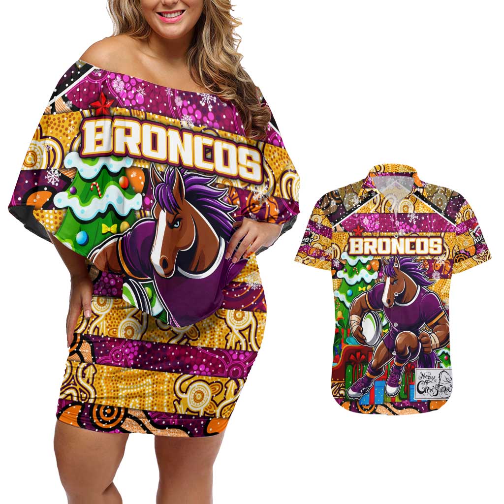 Custom Broncos Rugby Merry Christmas Couples Matching Off Shoulder Short Dress and Hawaiian Shirt Indigenous Australian Art