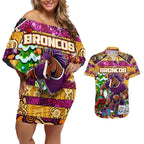 Custom Broncos Rugby Merry Christmas Couples Matching Off Shoulder Short Dress and Hawaiian Shirt Indigenous Australian Art