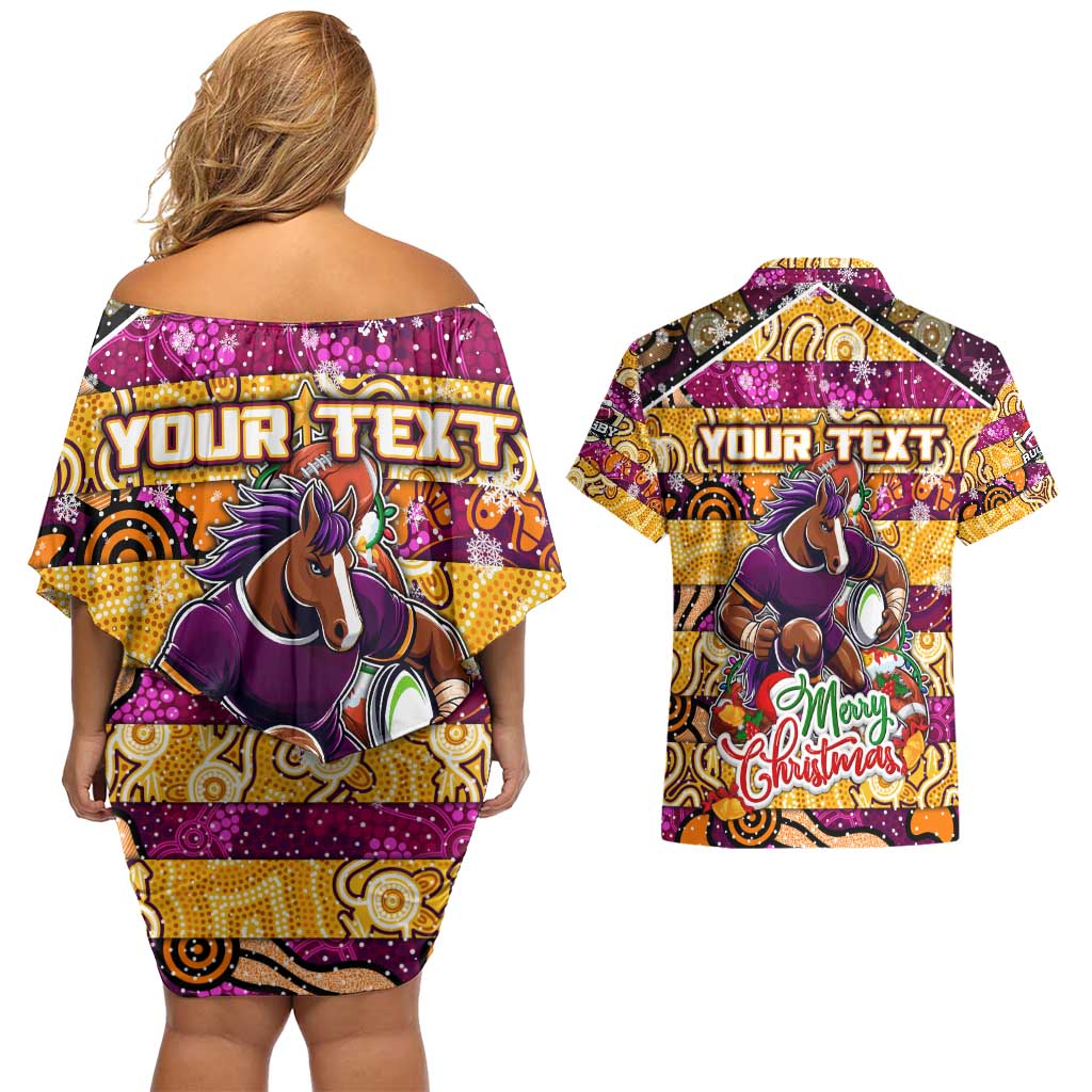 Custom Broncos Rugby Merry Christmas Couples Matching Off Shoulder Short Dress and Hawaiian Shirt Indigenous Australian Art