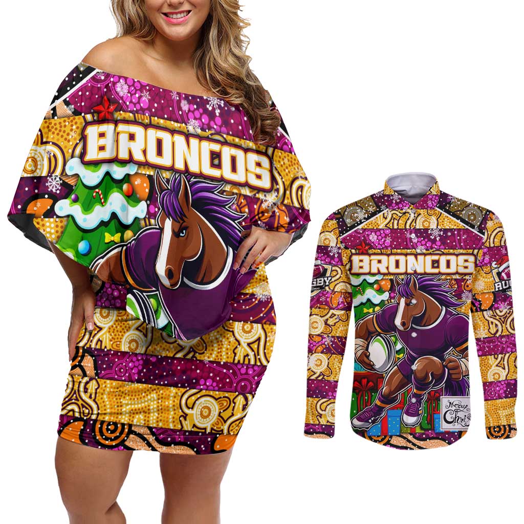 Custom Broncos Rugby Merry Christmas Couples Matching Off Shoulder Short Dress and Long Sleeve Button Shirt Indigenous Australian Art