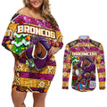 Custom Broncos Rugby Merry Christmas Couples Matching Off Shoulder Short Dress and Long Sleeve Button Shirt Indigenous Australian Art