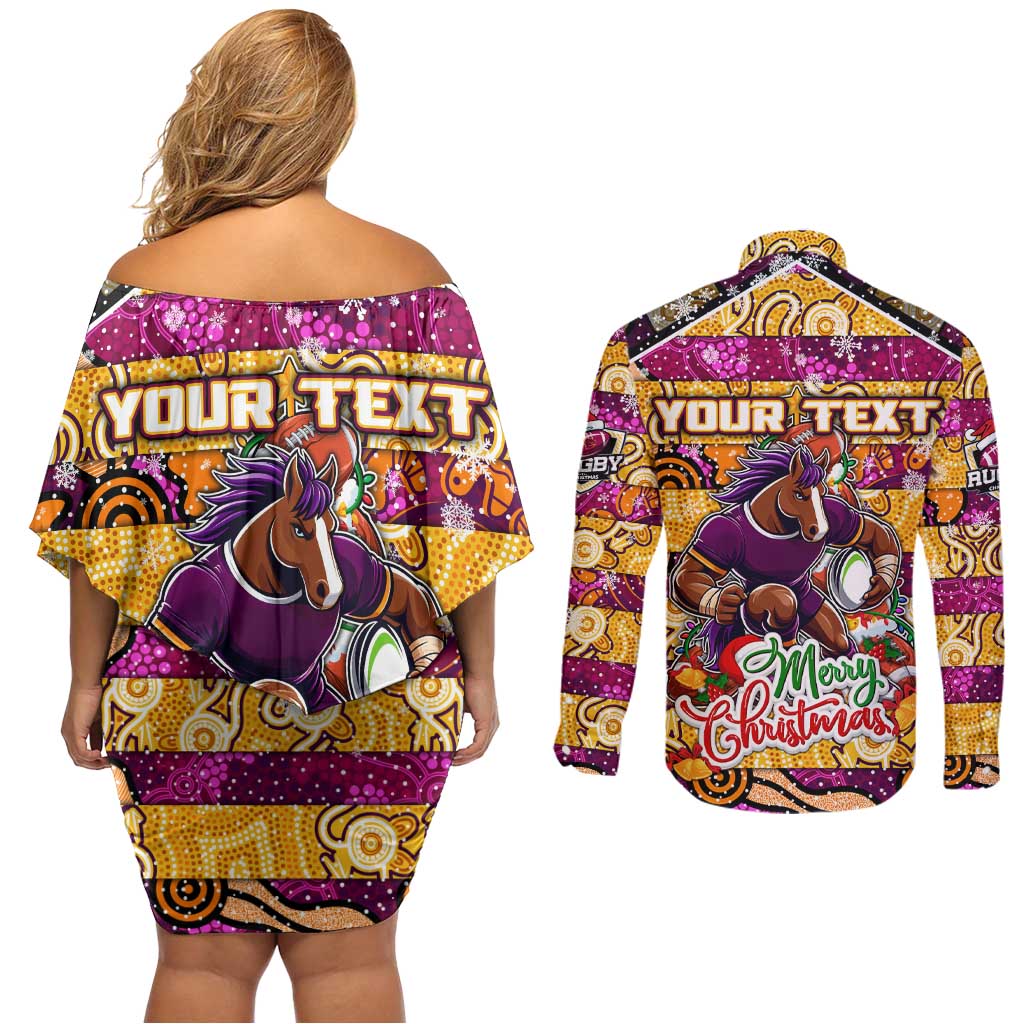 Custom Broncos Rugby Merry Christmas Couples Matching Off Shoulder Short Dress and Long Sleeve Button Shirt Indigenous Australian Art