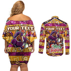 Custom Broncos Rugby Merry Christmas Couples Matching Off Shoulder Short Dress and Long Sleeve Button Shirt Indigenous Australian Art
