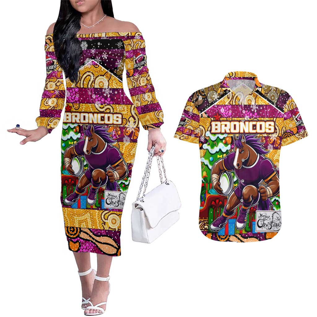 Custom Broncos Rugby Merry Christmas Couples Matching Off The Shoulder Long Sleeve Dress and Hawaiian Shirt Indigenous Australian Art