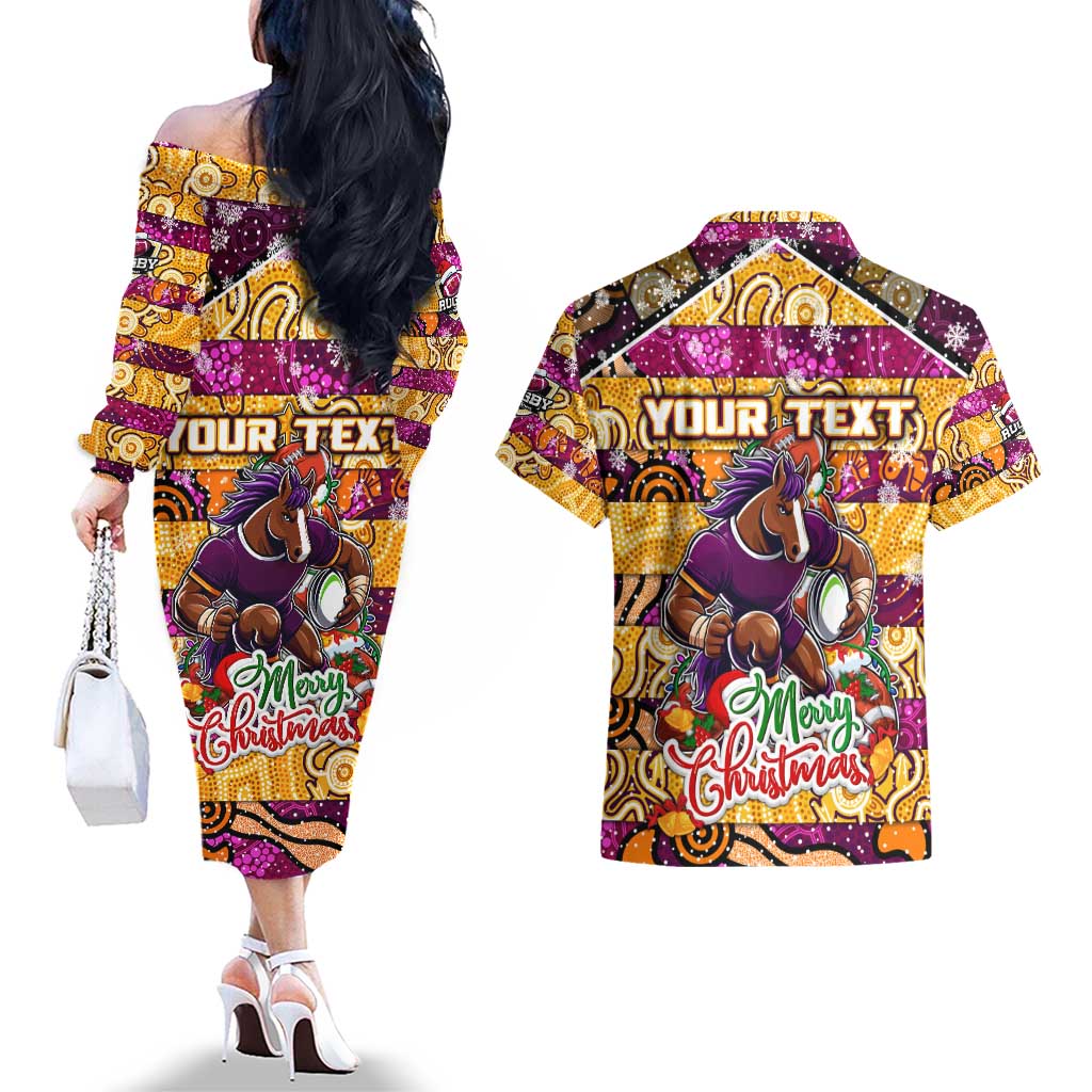 Custom Broncos Rugby Merry Christmas Couples Matching Off The Shoulder Long Sleeve Dress and Hawaiian Shirt Indigenous Australian Art
