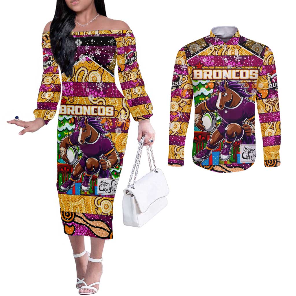 Custom Broncos Rugby Merry Christmas Couples Matching Off The Shoulder Long Sleeve Dress and Long Sleeve Button Shirt Indigenous Australian Art