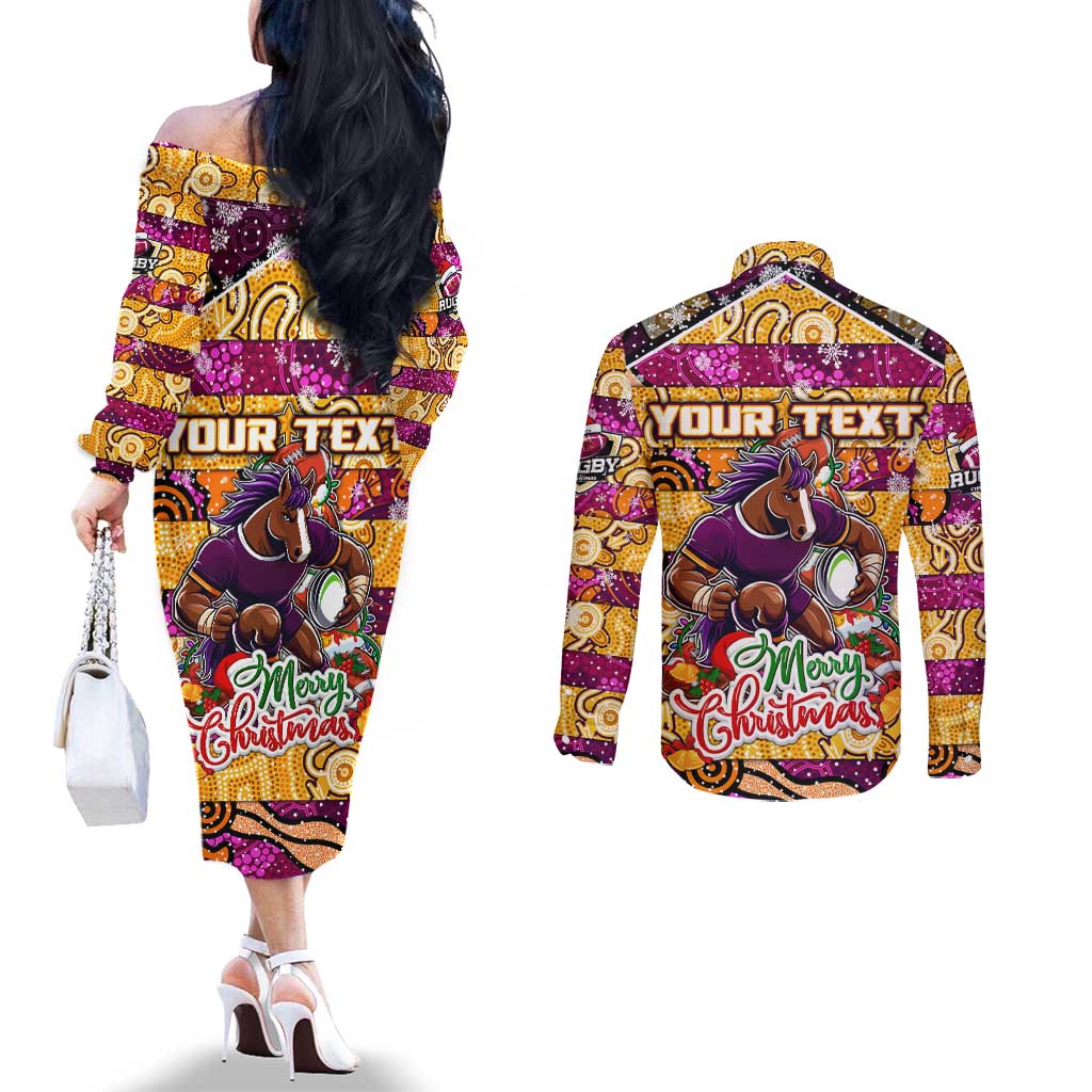 Custom Broncos Rugby Merry Christmas Couples Matching Off The Shoulder Long Sleeve Dress and Long Sleeve Button Shirt Indigenous Australian Art
