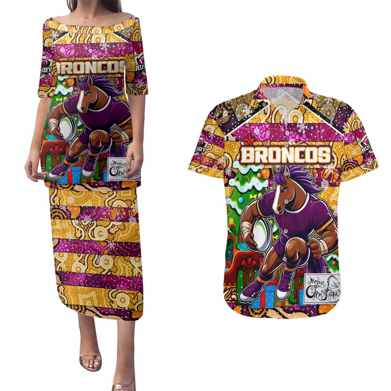 Custom Broncos Rugby Merry Christmas Couples Matching Puletasi and Hawaiian Shirt Indigenous Australian Art