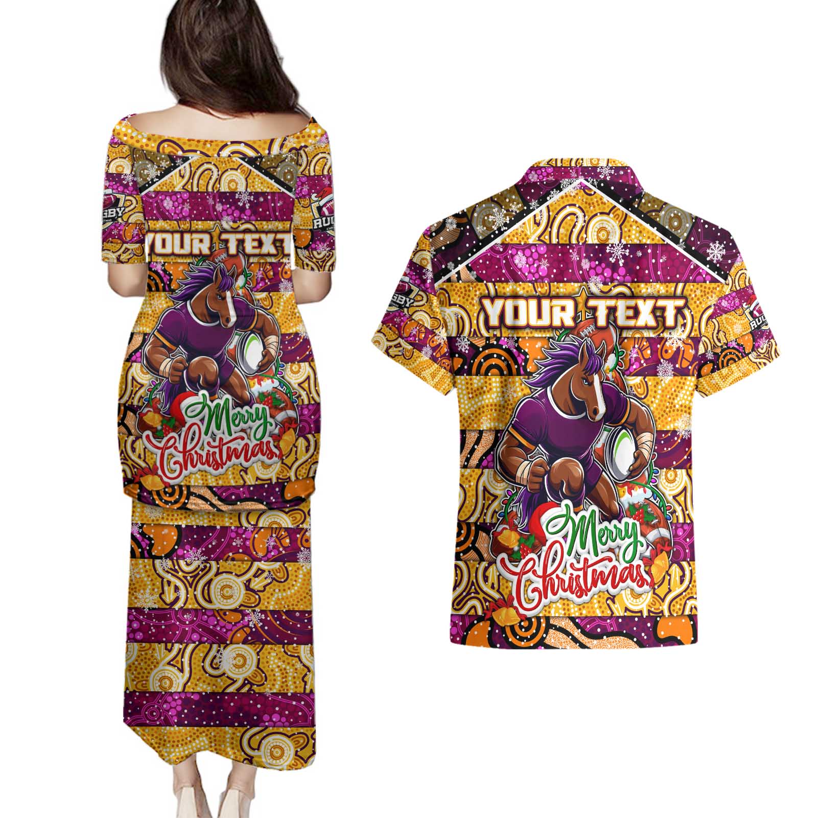 Custom Broncos Rugby Merry Christmas Couples Matching Puletasi and Hawaiian Shirt Indigenous Australian Art