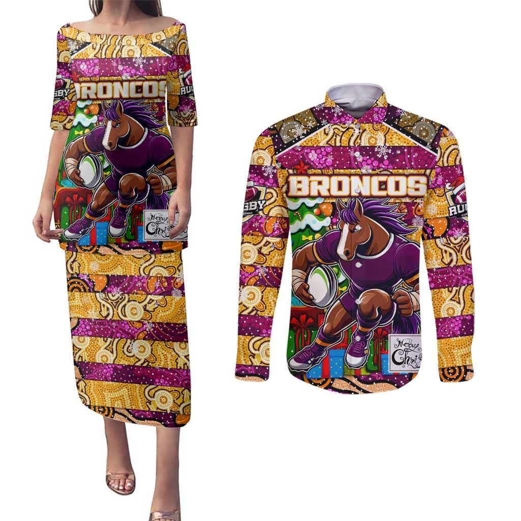 Custom Broncos Rugby Merry Christmas Couples Matching Puletasi and Long Sleeve Button Shirt Indigenous Australian Art