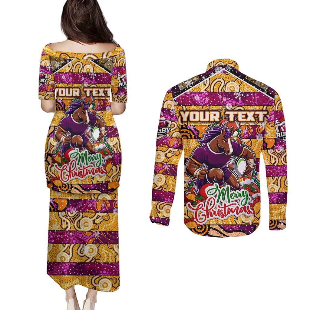 Custom Broncos Rugby Merry Christmas Couples Matching Puletasi and Long Sleeve Button Shirt Indigenous Australian Art