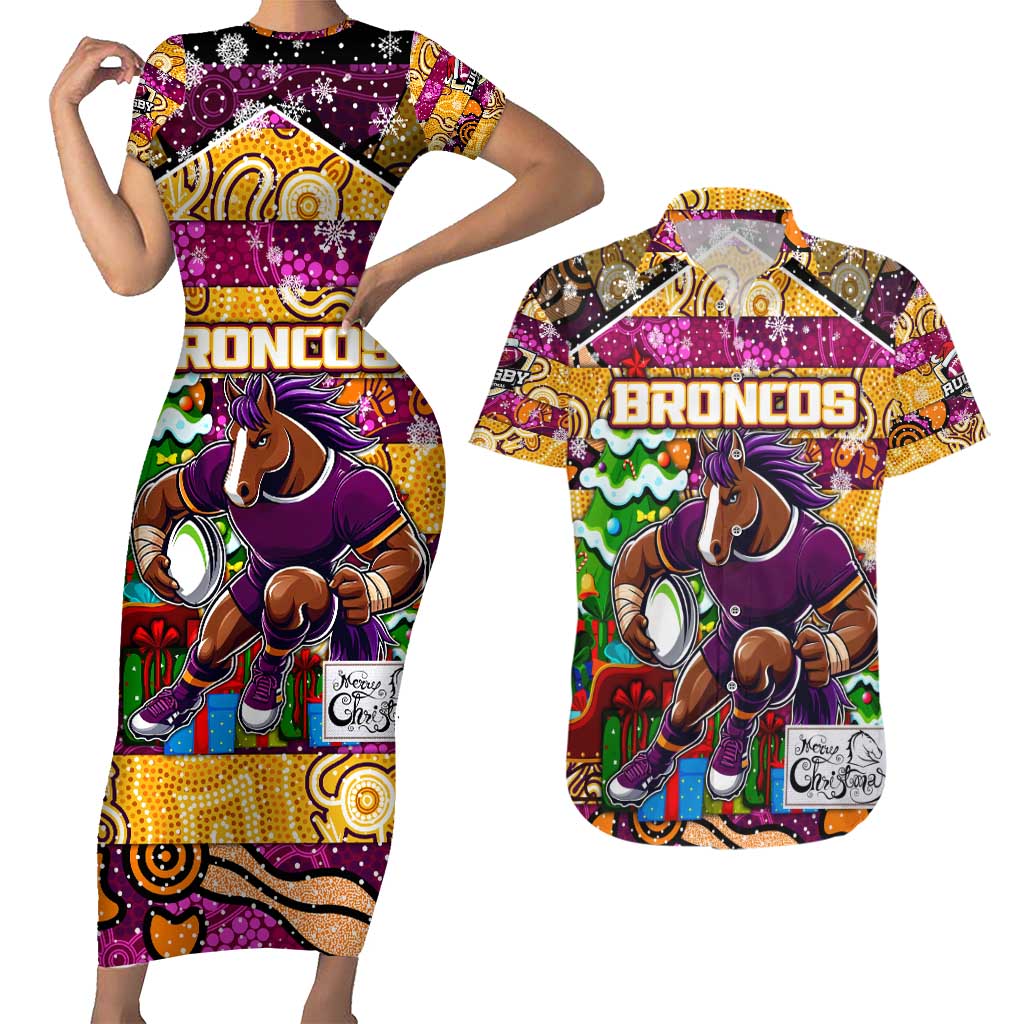 Custom Broncos Rugby Merry Christmas Couples Matching Short Sleeve Bodycon Dress and Hawaiian Shirt Indigenous Australian Art