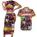 Custom Broncos Rugby Merry Christmas Couples Matching Short Sleeve Bodycon Dress and Hawaiian Shirt Indigenous Australian Art