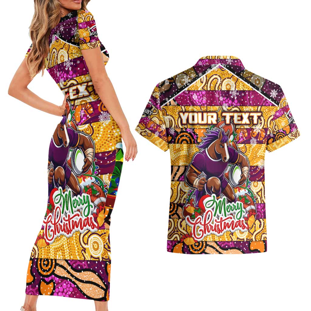 Custom Broncos Rugby Merry Christmas Couples Matching Short Sleeve Bodycon Dress and Hawaiian Shirt Indigenous Australian Art