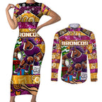 Custom Broncos Rugby Merry Christmas Couples Matching Short Sleeve Bodycon Dress and Long Sleeve Button Shirt Indigenous Australian Art