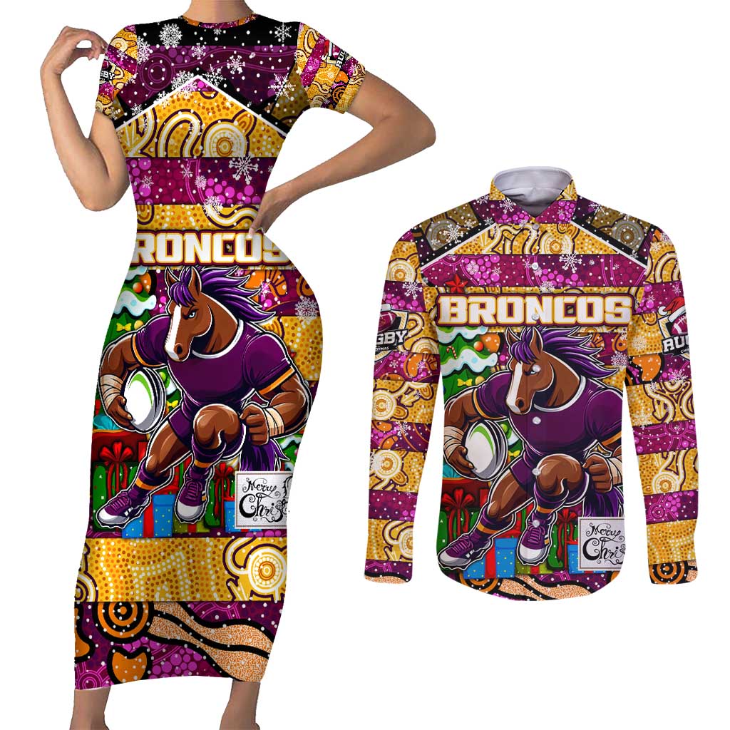 Custom Broncos Rugby Merry Christmas Couples Matching Short Sleeve Bodycon Dress and Long Sleeve Button Shirt Indigenous Australian Art