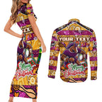 Custom Broncos Rugby Merry Christmas Couples Matching Short Sleeve Bodycon Dress and Long Sleeve Button Shirt Indigenous Australian Art
