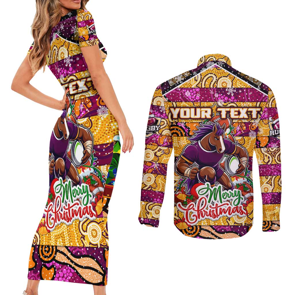 Custom Broncos Rugby Merry Christmas Couples Matching Short Sleeve Bodycon Dress and Long Sleeve Button Shirt Indigenous Australian Art