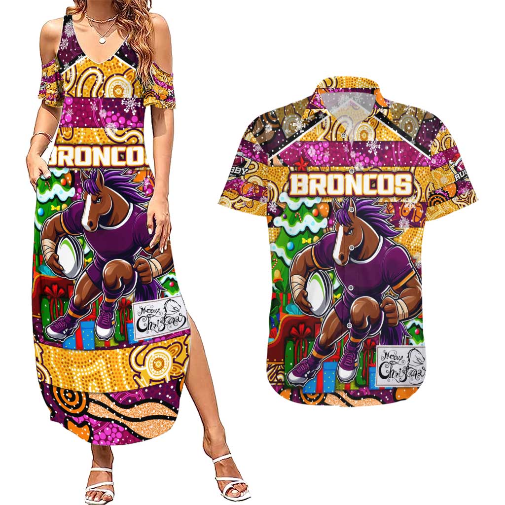Custom Broncos Rugby Merry Christmas Couples Matching Summer Maxi Dress and Hawaiian Shirt Indigenous Australian Art
