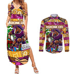 Custom Broncos Rugby Merry Christmas Couples Matching Summer Maxi Dress and Long Sleeve Button Shirt Indigenous Australian Art