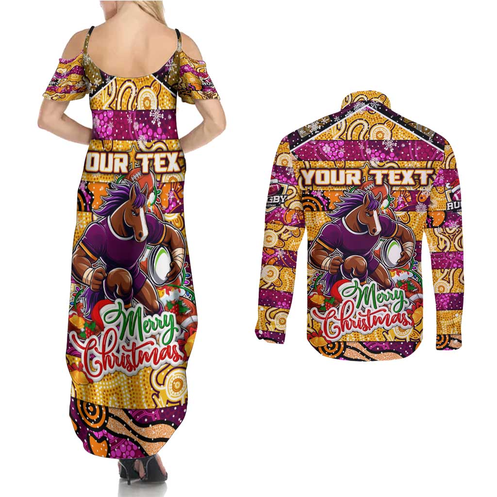 Custom Broncos Rugby Merry Christmas Couples Matching Summer Maxi Dress and Long Sleeve Button Shirt Indigenous Australian Art
