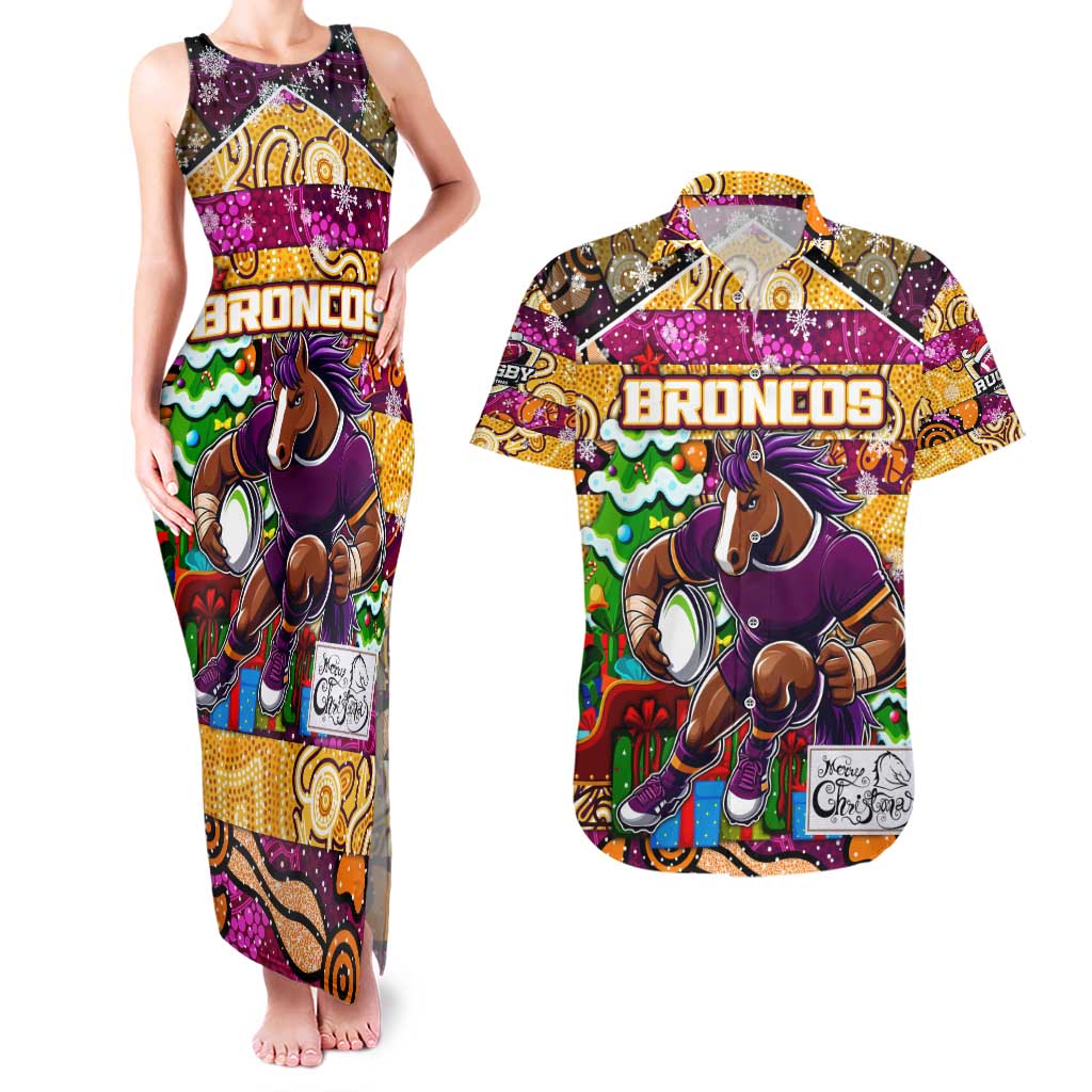 Custom Broncos Rugby Merry Christmas Couples Matching Tank Maxi Dress and Hawaiian Shirt Indigenous Australian Art