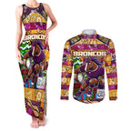 Custom Broncos Rugby Merry Christmas Couples Matching Tank Maxi Dress and Long Sleeve Button Shirt Indigenous Australian Art