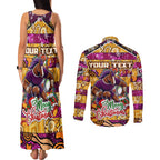 Custom Broncos Rugby Merry Christmas Couples Matching Tank Maxi Dress and Long Sleeve Button Shirt Indigenous Australian Art