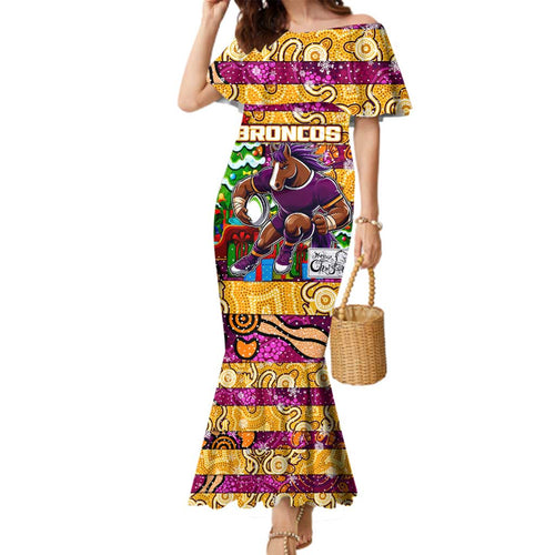 Custom Broncos Rugby Merry Christmas Family Matching Mermaid Dress and Hawaiian Shirt Indigenous Australian Art