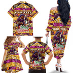 Custom Broncos Rugby Merry Christmas Family Matching Off The Shoulder Long Sleeve Dress and Hawaiian Shirt Indigenous Australian Art