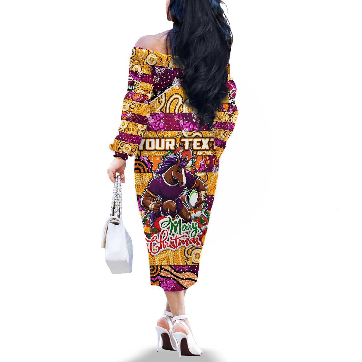 Custom Broncos Rugby Merry Christmas Family Matching Off The Shoulder Long Sleeve Dress and Hawaiian Shirt Indigenous Australian Art