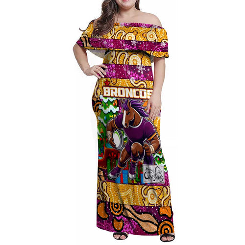 Custom Broncos Rugby Merry Christmas Family Matching Off Shoulder Maxi Dress and Hawaiian Shirt Indigenous Australian Art