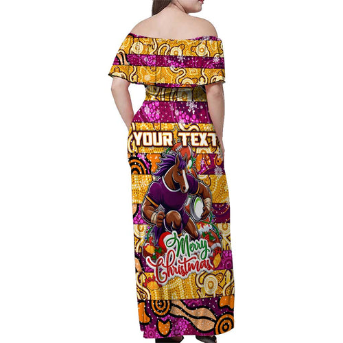 Custom Broncos Rugby Merry Christmas Family Matching Off Shoulder Maxi Dress and Hawaiian Shirt Indigenous Australian Art