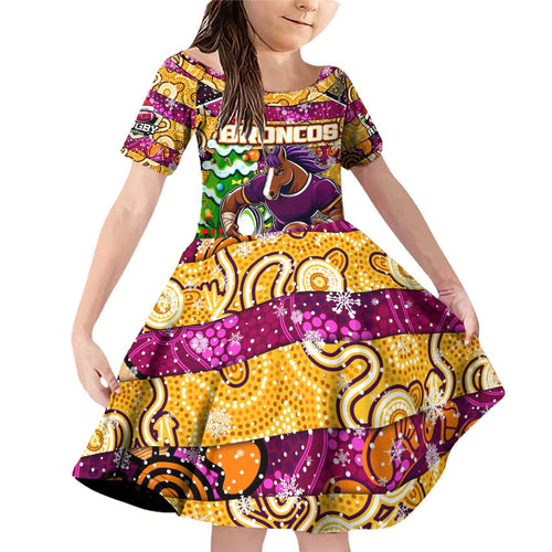 Custom Broncos Rugby Merry Christmas Family Matching Off Shoulder Short Dress and Hawaiian Shirt Indigenous Australian Art