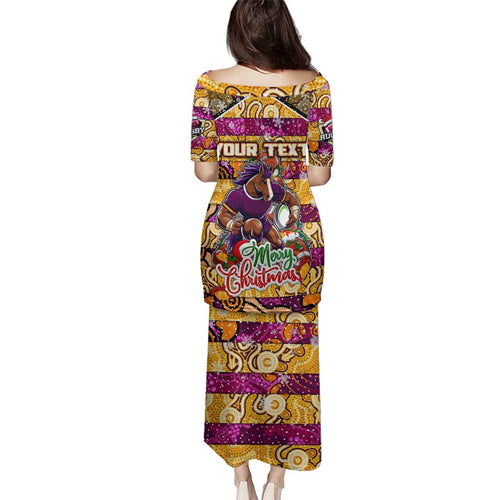 Custom Broncos Rugby Merry Christmas Family Matching Puletasi and Hawaiian Shirt Indigenous Australian Art