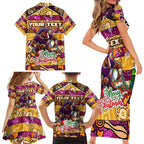 Custom Broncos Rugby Merry Christmas Family Matching Short Sleeve Bodycon Dress and Hawaiian Shirt Indigenous Australian Art