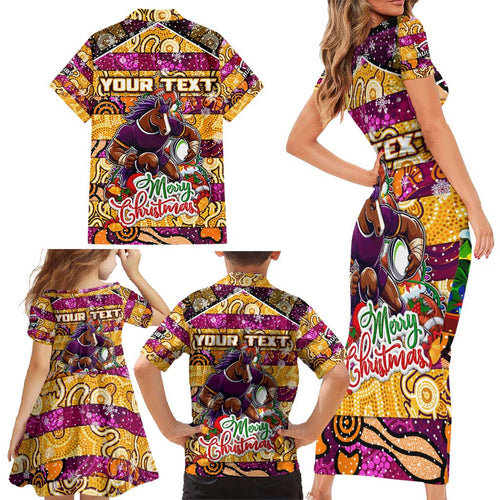 Custom Broncos Rugby Merry Christmas Family Matching Short Sleeve Bodycon Dress and Hawaiian Shirt Indigenous Australian Art