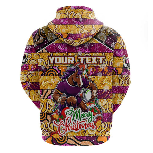 Custom Broncos Rugby Merry Christmas Hoodie Indigenous Australian Art