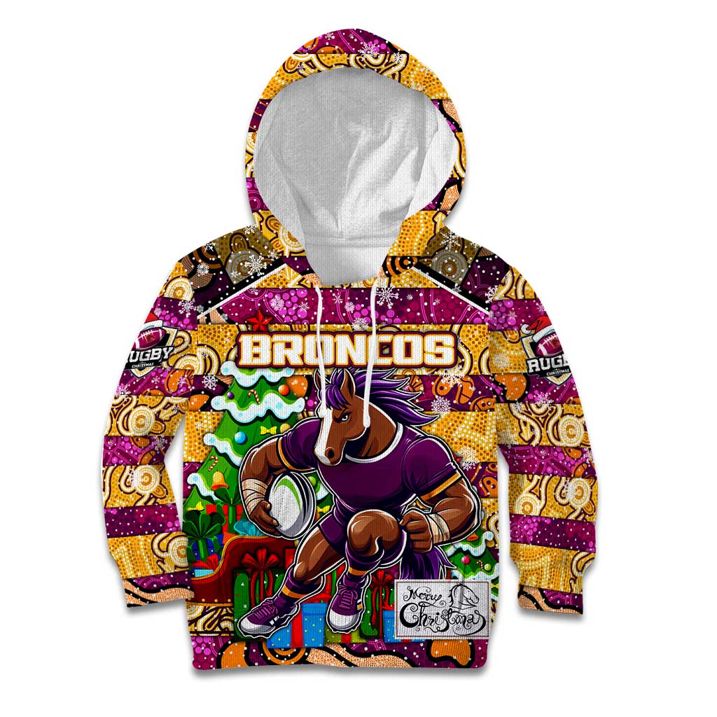 Custom Broncos Rugby Merry Christmas Kid Hoodie Indigenous Australian Art