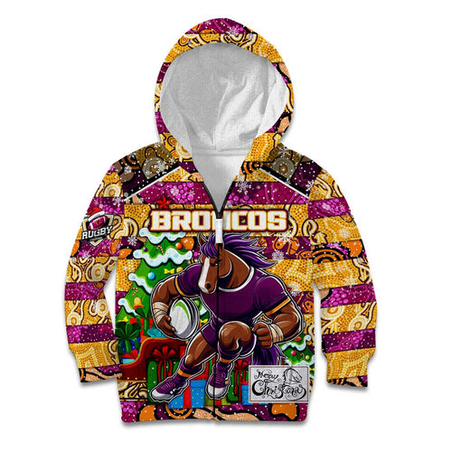 Custom Broncos Rugby Merry Christmas Kid Hoodie Indigenous Australian Art