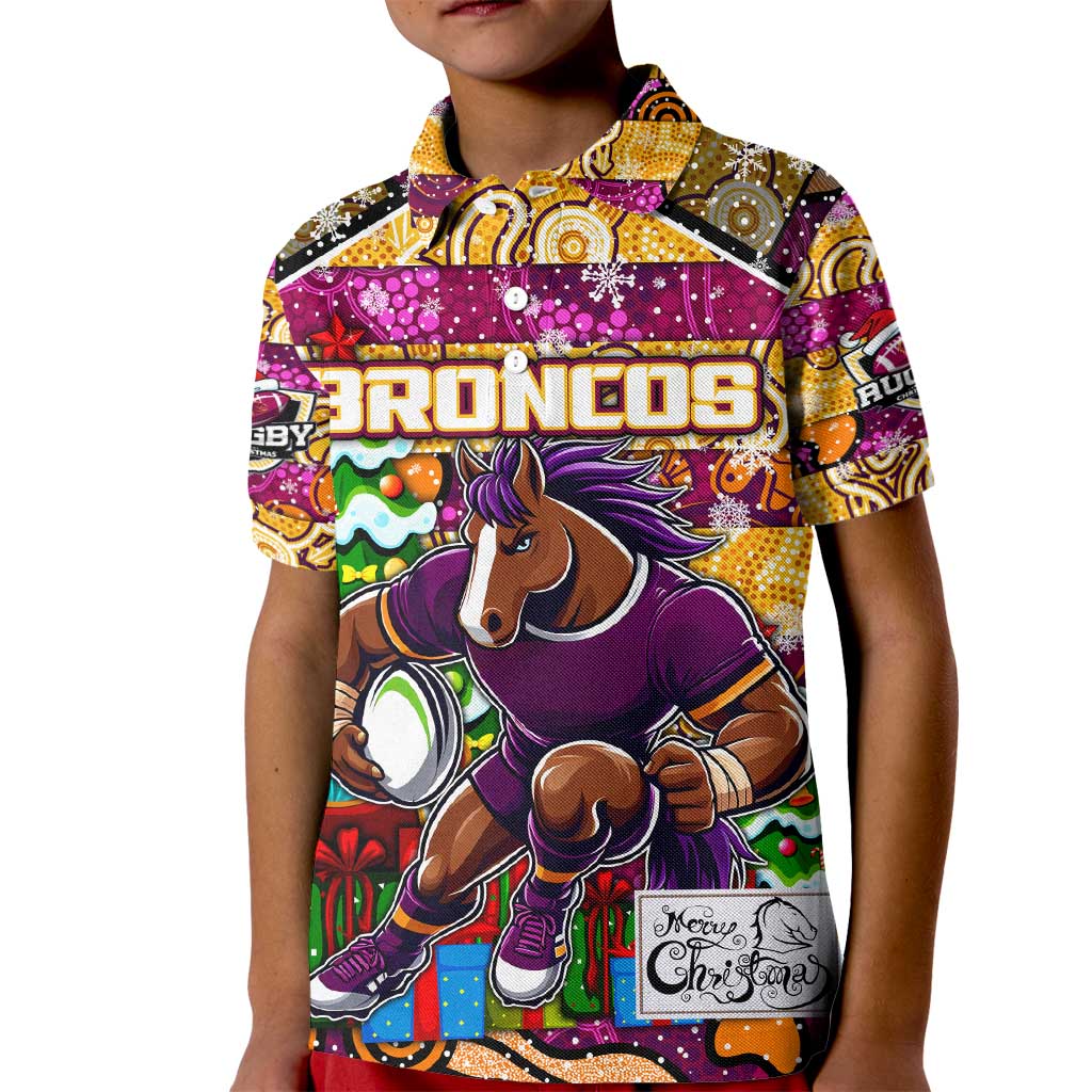 Custom Broncos Rugby Merry Christmas Kid Polo Shirt Indigenous Australian Art