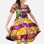Custom Broncos Rugby Merry Christmas Kid Short Sleeve Dress Indigenous Australian Art