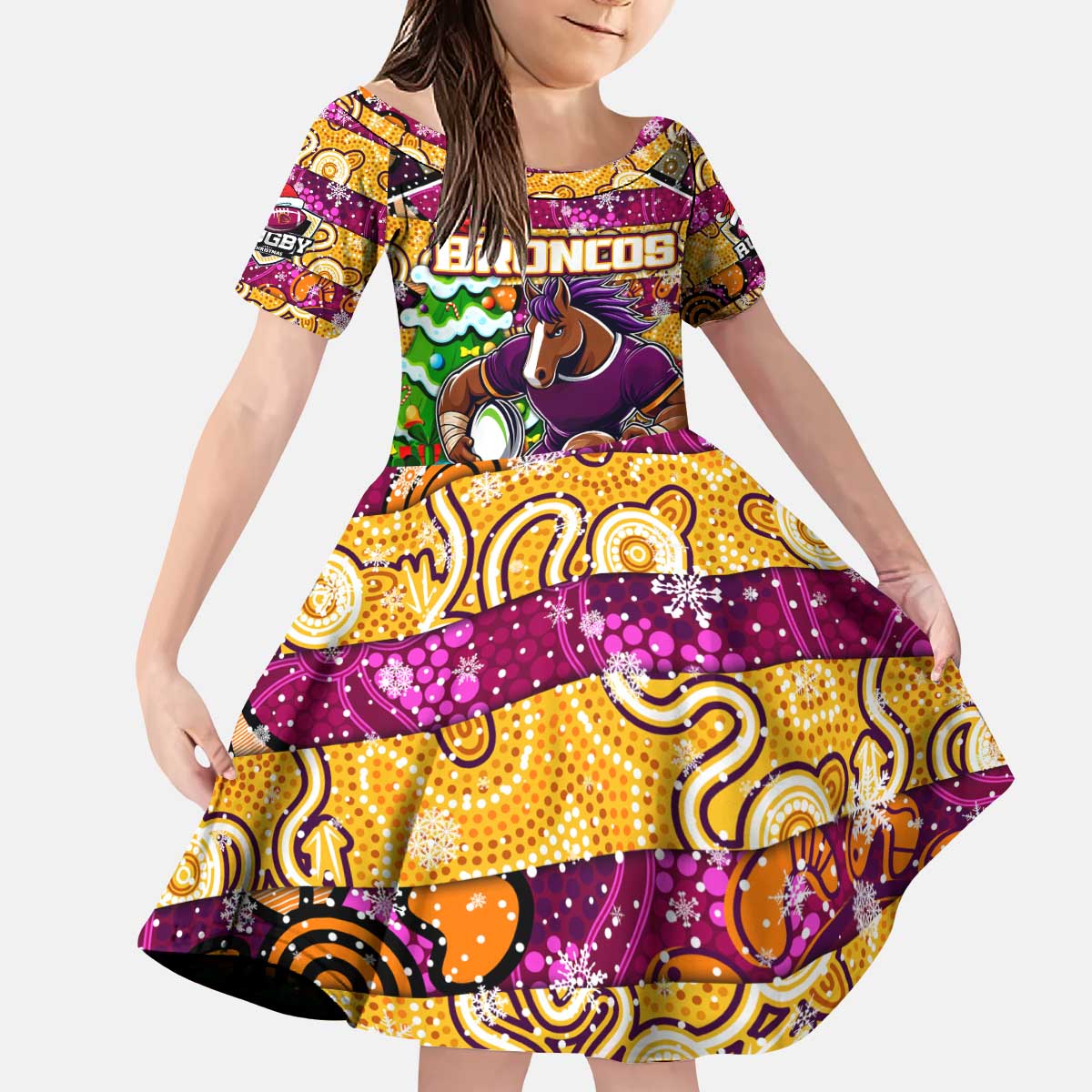 Custom Broncos Rugby Merry Christmas Kid Short Sleeve Dress Indigenous Australian Art