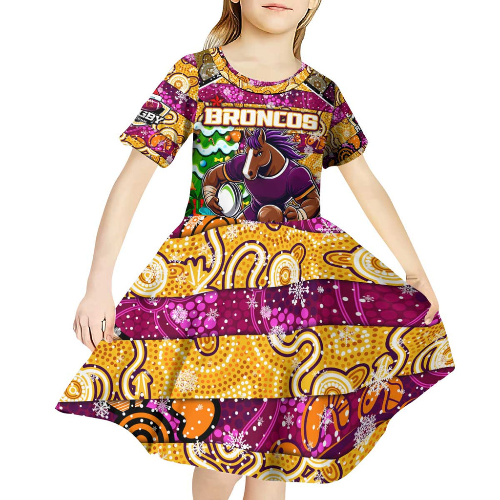 Custom Broncos Rugby Merry Christmas Kid Short Sleeve Dress Indigenous Australian Art